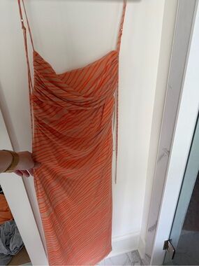 Zara Orange and Cream Striped Midi Slip Dress
